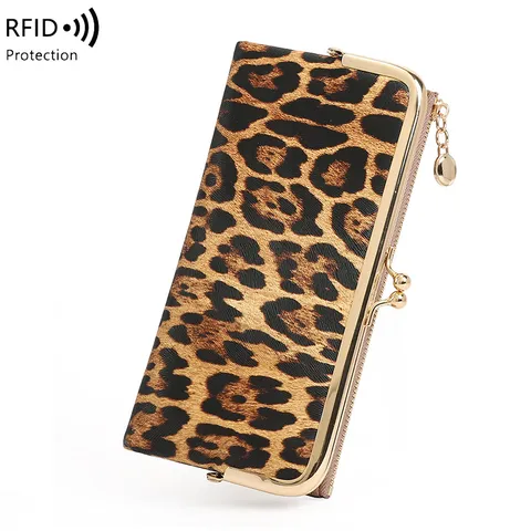 Women Long Wallet Vintage PU Leather Kiss Lock Clutch Purse Multiple Card Slots Zipper Coin Pocket Daily Handbag Gift