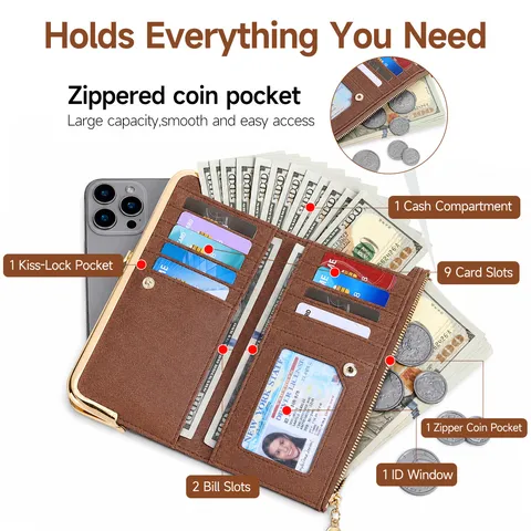 Women Long Wallet Vintage PU Leather Kiss Lock Clutch Purse Multiple Card Slots Zipper Coin Pocket Daily Handbag Gift
