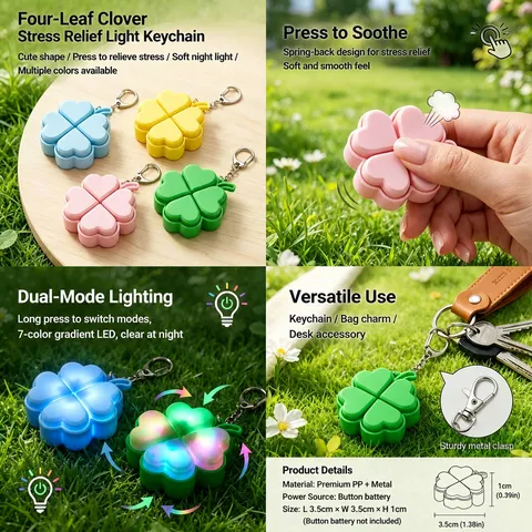Four-leaf Clover Fidget Keychain Stress Relief LED Glowing Toy Lucky Clover Keyring For Car Bag Charm Party Favor Accessory