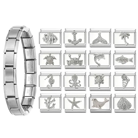 Lien de Charme Italien en Acier Inoxydable Série Océan Module Animal Marin en Strass Pour la Fabrication de Bracelets DIY Accessoires Bijoux