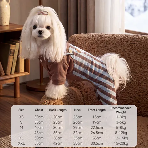 Preppy Corduroy Dog Jumpsuit Fake Two Piece Striped Winter Pet Clothes Four Legged Warm Apparel With Doll Accent For Small Medium Dogs