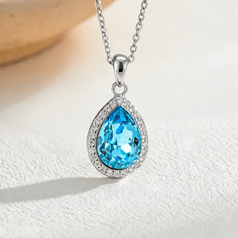 Vrouwen Elegante Zinklegering Waterdruppel Zirconia Hanger Ketting Diepzee Tranen Blauw Kristal Sierlijke Ketting Choker Sieraden Accessoires