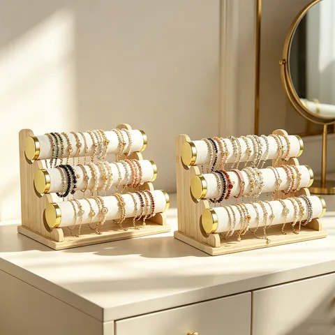 Tiered Wood Jewelry Display Stand Velvet Rolls Metal Ring Bracelet Holder Watch Organizer Showcase For Home Counter Decor
