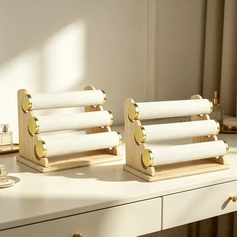 Tiered Wood Jewelry Display Stand Velvet Rolls Metal Ring Bracelet Holder Watch Organizer Showcase For Home Counter Decor