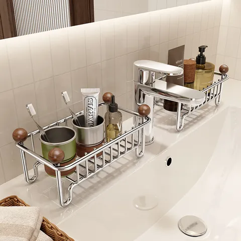Edelstahl Badezimmer Arbeitsplatte Lagerregal Ohne Bohren Desktop Ablaufregal Mit Holzkugel Füßen Für Toilette Kosmetik Organizer