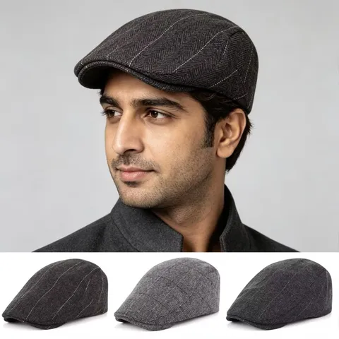 Men's Vintage British Style Flat Cap Wool Blend Plaid Beret Spring Autumn Warm Casual Duckbill Hat Newsboy Cap