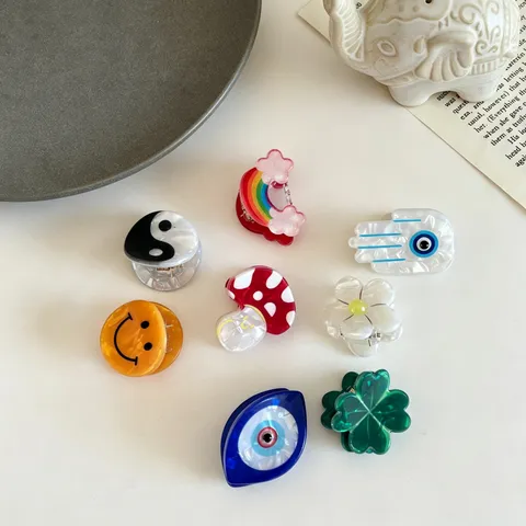 Mini Acrylic Hair Claw Clips For Girls Cute Cartoon Rainbow Smiley Face Evil Eye Tai Chi Mushroom Flower Mixed Materials Hair Clips Sweet Bang Clips For Children