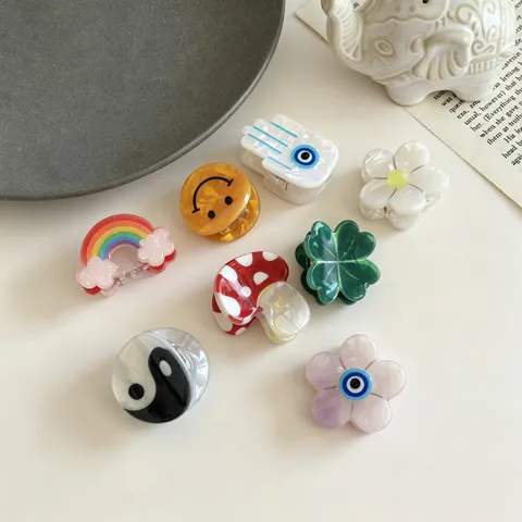 Mini Acrylic Hair Claw Clips For Girls Cute Cartoon Rainbow Smiley Face Evil Eye Tai Chi Mushroom Flower Mixed Materials Hair Clips Sweet Bang Clips For Children