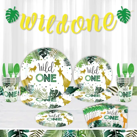 Jungle Animal Wild One 1st Birthday Party Supplies Set Disposable Tableware Paper Plates Cups Napkins Tablecloth Decorations