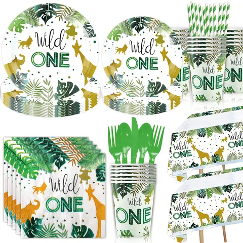Jungle Animal Wild One 1st Birthday Party Supplies Set Disposable Tableware Paper Plates Cups Napkins Tablecloth Decorations