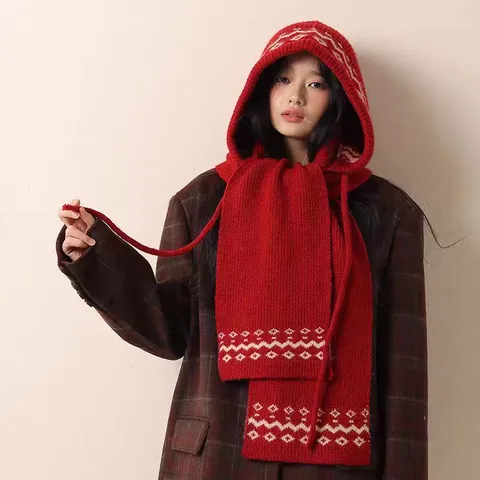 Women Winter Warm Knitted Hooded Scarf Fair Isle Geometric Pattern Beanie Hat Integrated Shawl Casual Outdoor