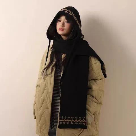 Women Winter Warm Knitted Hooded Scarf Fair Isle Geometric Pattern Beanie Hat Integrated Shawl Casual Outdoor