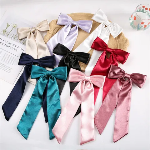 Elegant Crystal Satin Bow Hair Clip With Long Streamer Handmade Fabric Duckbill Clip Fashion Hair Accessories For Women Daily Party Decor
