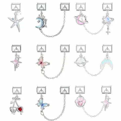 Bracciale Modular Charm Italiano in Acciaio Inossidabile DIY Link Doppio Ciondolo Stella Luna Cuore Farfalla Sirena Strass Gioielli