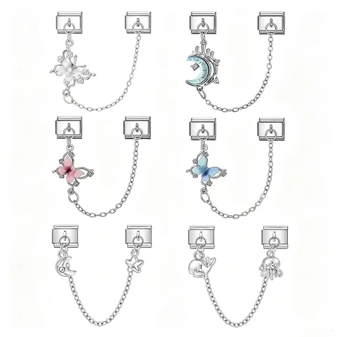 Bracciale Modular Charm Italiano in Acciaio Inossidabile DIY Link Doppio Ciondolo Stella Luna Cuore Farfalla Sirena Strass Gioielli