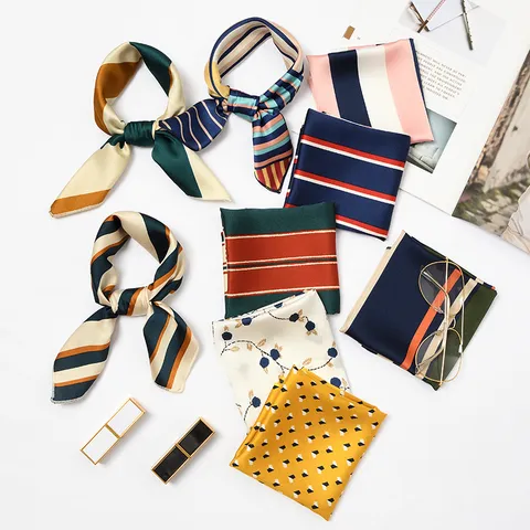 Women Small Square Scarf Silk Feeling Polyester Printed Neck Head Scarf Fashion Versatile Elegant Professional Uniform Necktie Handbag Accessory