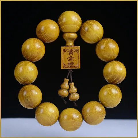 Golden Sandalwood Buddhist Prayer Beads Bracelet Hand Polished Natural Grain Ethnic Style Meditation Zen Jewelry