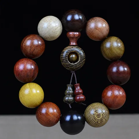 Multi Color Natural Wood Bead Bracelet With Gourd Charm Zen Buddhist Prayer Ethnic Style Men Women Hand Polished