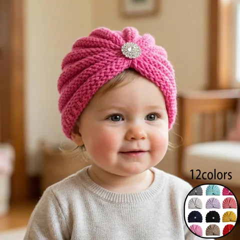 Zachte Baby Gebreide Tulband Muts Met Strass Bloem Peuter Beanie Voor Meisjes Winter Warme Headwrap Mode Effen Kleur Hoofdband