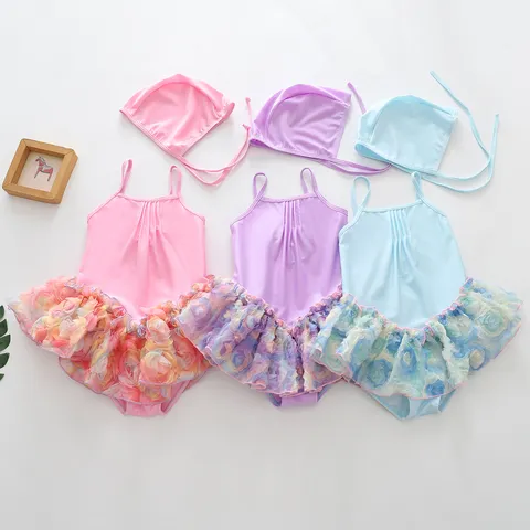 Girls One Piece Swimsuit And Hat Set Tulle Tutu Skirt Princess Ruffled Backless Quick Dry Beachwear Toddler Infant Swimwear