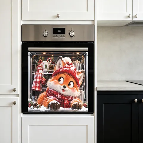 Christmas Cartoon Fox Dishwasher Magnet Sticker Cute Painted Animal Oven Refrigerator Decal Xmas Kitchen Appliance Decor PVC Wall Sticker