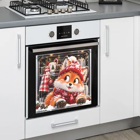Christmas Cartoon Fox Dishwasher Magnet Sticker Cute Painted Animal Oven Refrigerator Decal Xmas Kitchen Appliance Decor PVC Wall Sticker