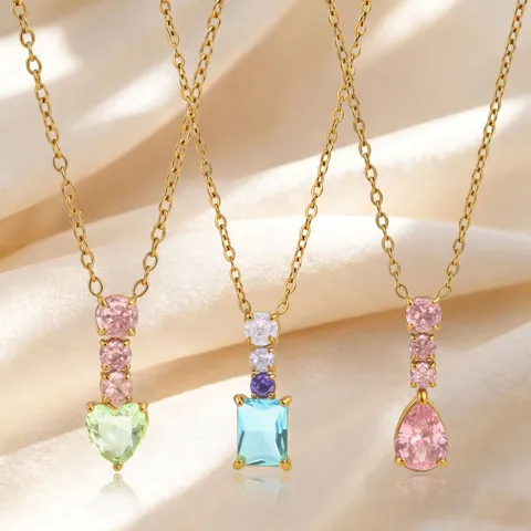 Collier Pendentif en Acier au Titane et Strass pour Femmes Coeur Carré Goutte d'Eau Chaîne de Clavicule Bijoux Doux