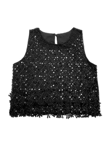 Women Heavy Industry Sequin Beaded Tassel Tank Top Vintage Geometric Pattern Mesh Vest Elegant Sleeveless Party Outerwear Top