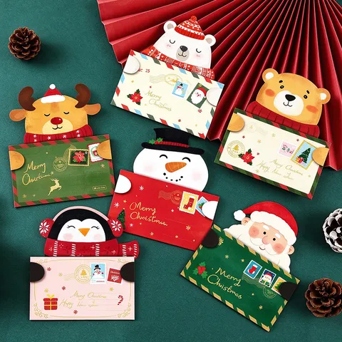 Cartoon Christmas Greeting Cards Cute Santa Snowman Reindeer Pattern Message Cards With Red Envelopes Assorted Designs For Holiday Gift Blessing