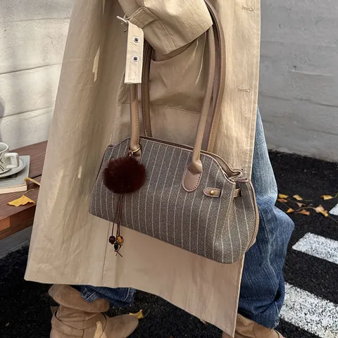 Women Striped Woolen Underarm Bag Retro Commute Handbag Fashion Shoulder Bag Vintage Textured Tote For Ladies Bag