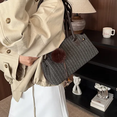 Women Striped Woolen Underarm Bag Retro Commute Handbag Fashion Shoulder Bag Vintage Textured Tote For Ladies Bag