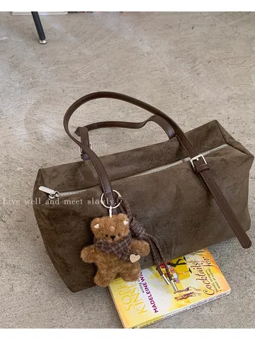 Bolso de Hombro Vintage de Gamuza Sintética para Mujer Gran Capacidad Bolso Tipo Almohada Estampado de Leopardo Color Sólido Con Colgante de Oso