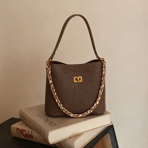 Bolso Cubo de Cuero PU con Grana de Lichi Vintage para Mujer Bolso de Mano Retro con Cadena Decorativa Minimalista