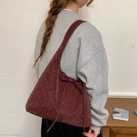Bolso de Axila Vintage de Gran Capacidad para Mujer Bolso Tote de Lunares Bolso de Hombro de Cuero PU Simple Con Lazo Bolso de Mano de Viaje
