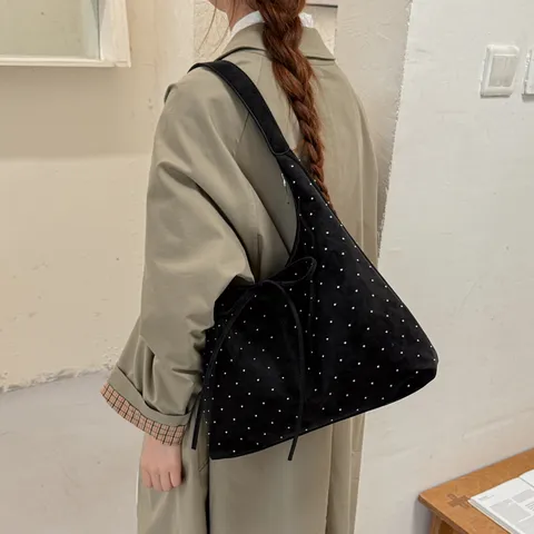 Bolso de Axila Vintage de Gran Capacidad para Mujer Bolso Tote de Lunares Bolso de Hombro de Cuero PU Simple Con Lazo Bolso de Mano de Viaje