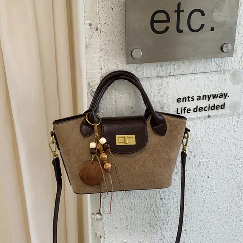 Bolso de Cubo de Gamuza Retro para Mujer Estampado de Leopardo Bolso de Mano de Cuero Con Colgante de Madera Bolso de Hombro de Moda