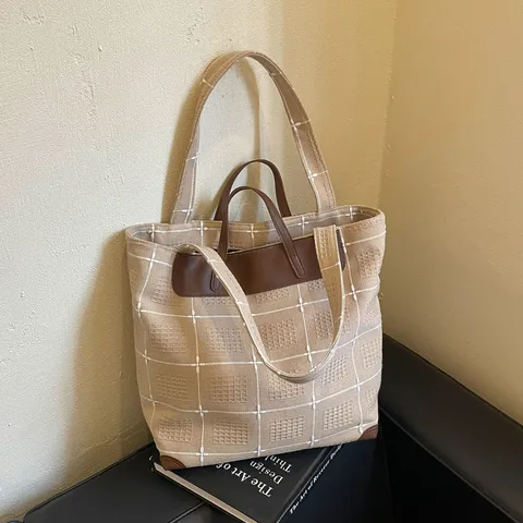Große Kapazität Segeltuch Gitter Muster Einkaufstasche Für Damen Vintage Koreanischen Stil Schultertasche Mit Ledergriffen Alltagstasche