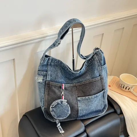 Vintage Denim Patchwork Large Capacity Shoulder Bag For Women Fashion Multi Pocket Crossbody Tote Bag With Round Coin Purse Charm