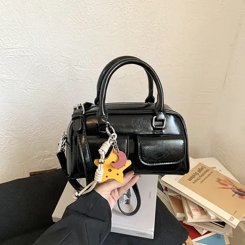 Women's Retro Soft PU Leather Bowling Bag Fashion Textured Handbag Stitched Design Trendy Shoulder Crossbody Bag Star Pendant