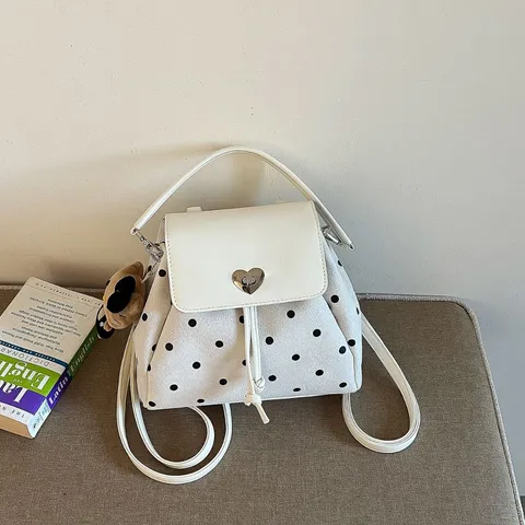 Women's Casual Polka Dot PU Leather Backpack Retro Heart Buckle Shoulder Bag With Bear Pendant Versatile Commute Handbag