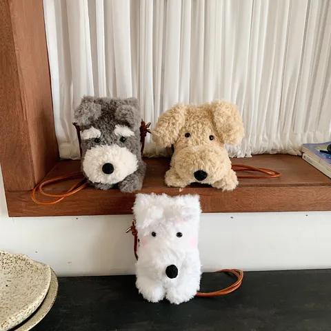 Sac à Bandoulière Mignon en Peluche en Forme de Chiot pour Femme Petit Sac à Téléphone Portable en Fausse Fourrure