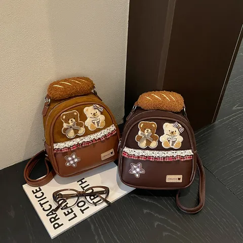 Women Cute Teddy Bear Small Backpack PU Leather Lace Plaid Patchwork School Bag Fashion Two-way Shoulder Crossbody Bag
