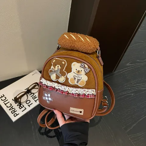 Women Cute Teddy Bear Small Backpack PU Leather Lace Plaid Patchwork School Bag Fashion Two-way Shoulder Crossbody Bag