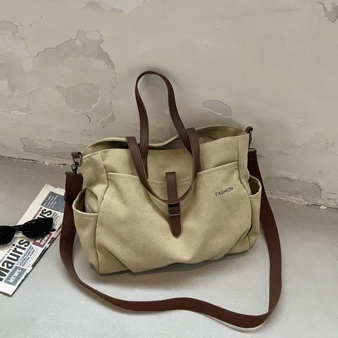 Vintage Dames Luxe Canvas Draagtas Grote Capaciteit Casual Mode Schoudertas Met PU-Leren Handvat Crossbody Okseltas