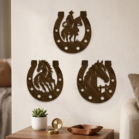 Western Cowboy Horseshoe Wooden Wall Decor Set Rustic Farmhouse Horse Silhouette Laser Cut Poplar Wood Wall Art Sign For Home Decor