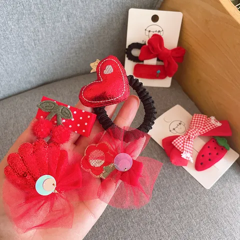 Red Series Children Hair Clips Set Bow Flower Heart PU Leather Hair Ties Cartoon Strawberry Cherry Hair Accessories For Girls