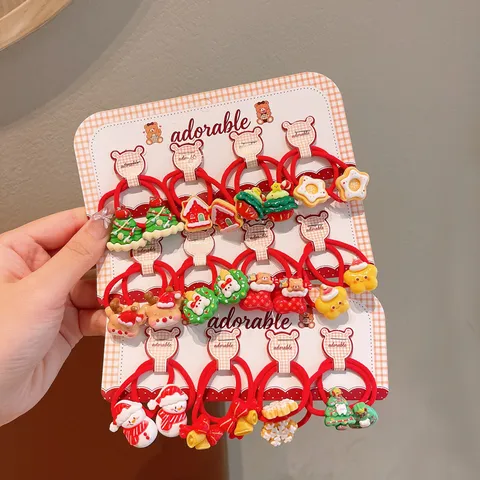 Christmas Children Hair Ties Santa Snowman Reindeer Pattern Red Elastic Hair Bands For Little Girls Holiday Accessories