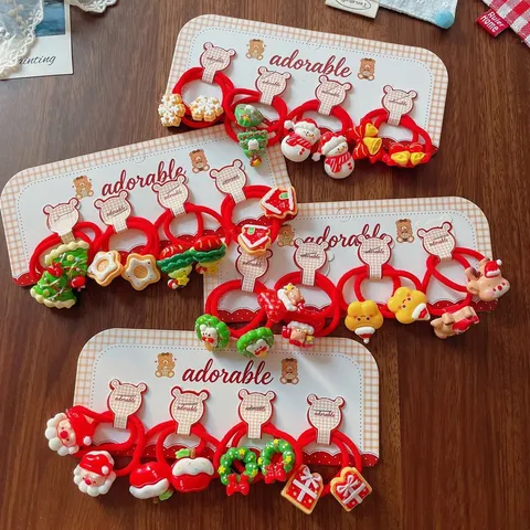 Christmas Children Hair Ties Santa Snowman Reindeer Pattern Red Elastic Hair Bands For Little Girls Holiday Accessories