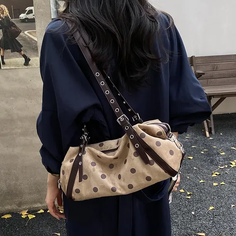Retro Faux Suede Polka Dot Underarm Bag For Women Vintage PU Leather Shoulder Bag With Rivets Belt Large Capacity Handbag