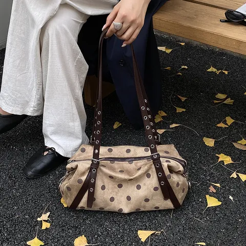 Retro Faux Suede Polka Dot Underarm Bag For Women Vintage PU Leather Shoulder Bag With Rivets Belt Large Capacity Handbag